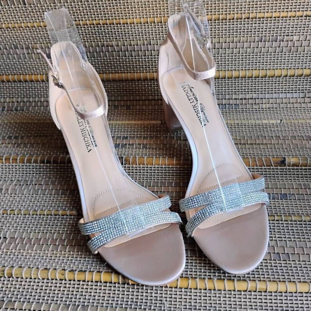 Elegant Badgley Mischka Satin Block Heel Rhinestone Embellished Sandals